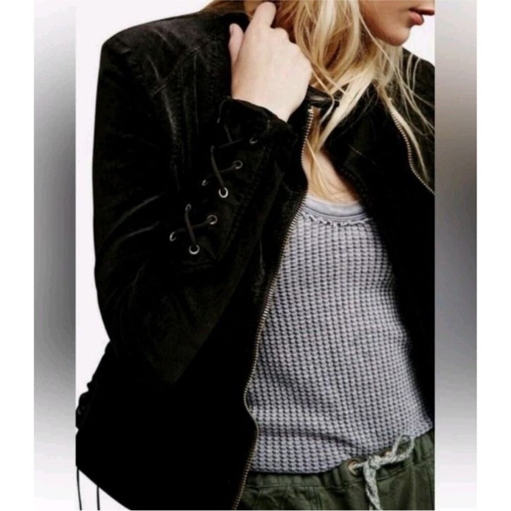 Free People Velvet Moto Laced Sleeve Zipper Jacket Black Size S - Picture 2 of 16
